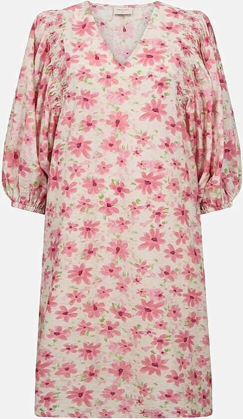 Blommig, vävd klänning med fickor och smockdetalj