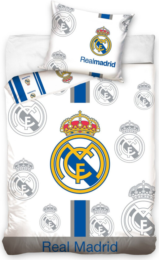 Hvitt Real Madrid sengetøy 140x200 cm - Fotball sengesett med Real Madrid-logo - Vendbart design - 100% bomulls sengetøy