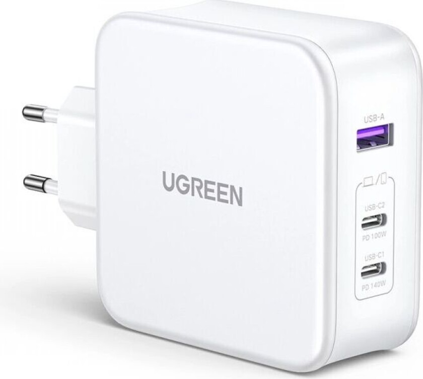 Nexode 140w Usb-C Pd Gan - 3-Port Vegglader + Usb-C Kabel 1.5m - Hvit