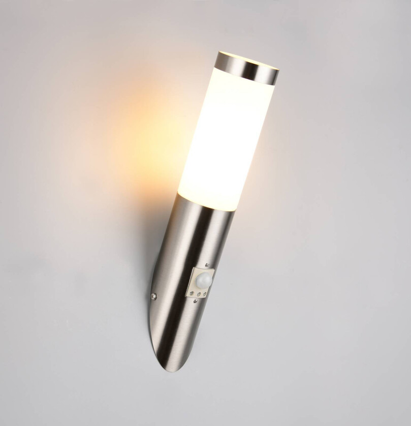 Utendørs vegglampe Trioto, nikkelfarget, 39 cm stål, sensor