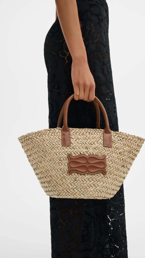 Small Leather Trimmed Monogram Straw Tote Cognac