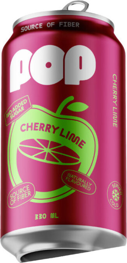 Cherry Lime - uten sukker, kun naturlig aroma. Brus som er en kilde til fiber med deilig gøy smak av kirsebær og lime!