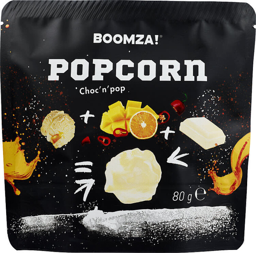 Popcorn En overraskende herlig kombinasjon av popcorn, mango, appelsin, chilli og hvit sjokolade vil garantert sette sansene dine i høyspenn! !