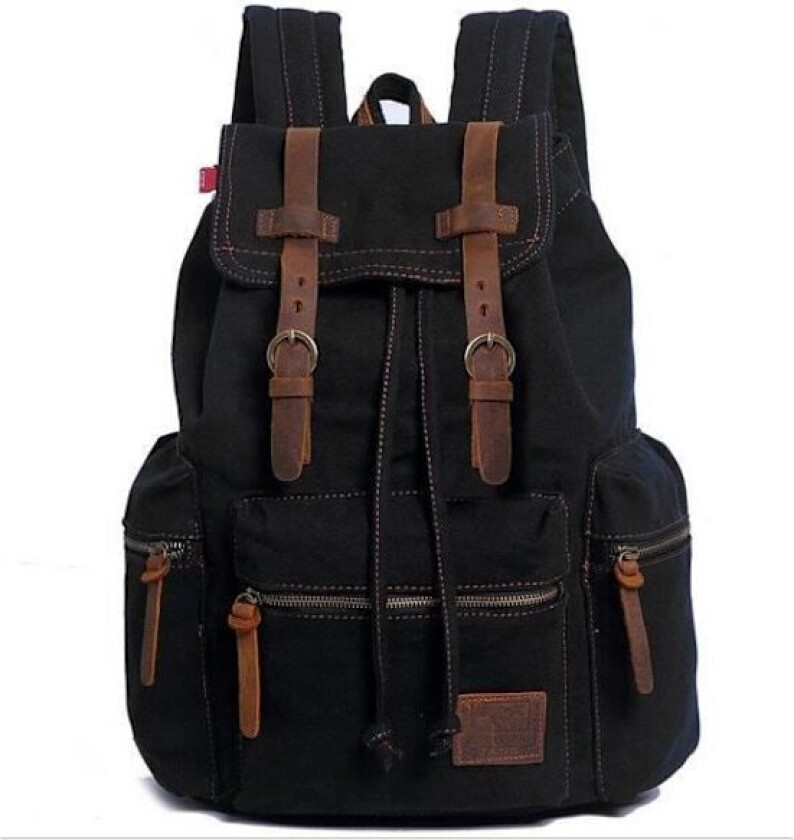 Vintage Ryggsekk for Menn i Lær og Canvas Patchwork - Svart - Voksen - Canvas - Unisex