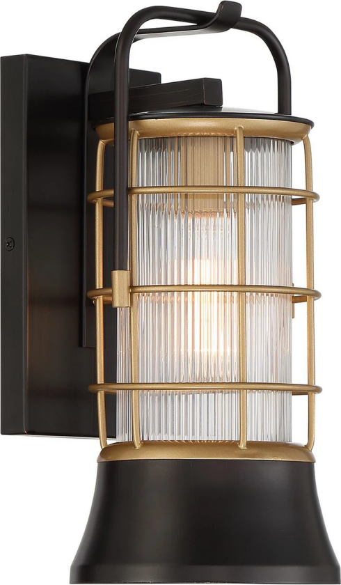 Utendørs vegglampe RIVAMAR, høyde 34 cm, svart/gull, IP44 E27