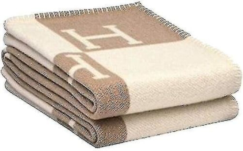 Rutete H-pledd i kasjmirblandet heklet ull, bærbar 135x170cm, khaki