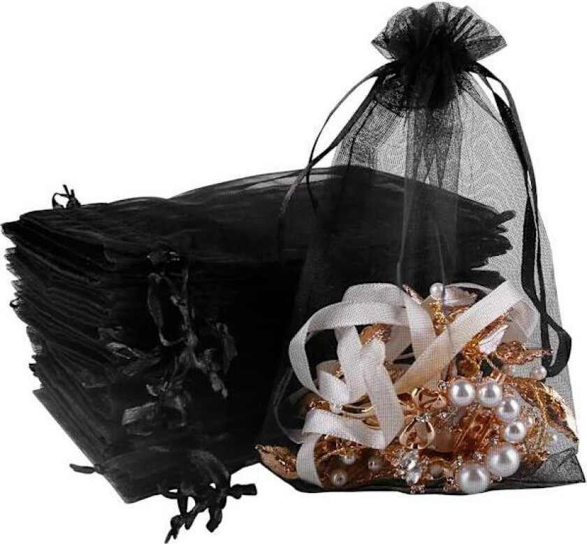 100 Medium Organza Gaveposer Svarte Smykkeposer Gjennomsiktige Snøreposer, Mesh Godteri Gavepose (10 x 15CM, Svart)