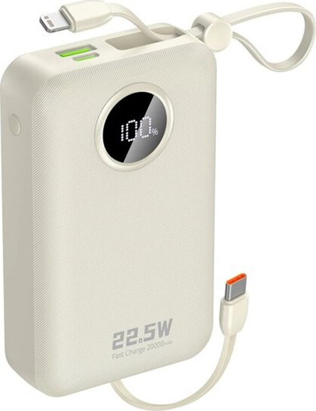 K14+ Powerbank 20000mAh 22,5W USB-C / USB-A / innebygde Lightning- og USB-C-kabler - Hvit