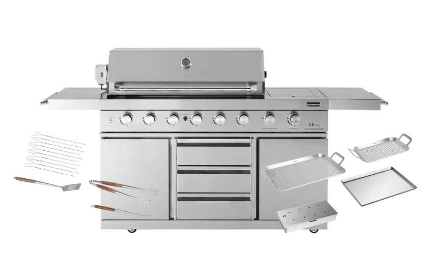 Stainless Collection - Frittstående gassgrill med 6 brennere og infrarød PowerSear Zone - Inkl. tilbehørspakke
