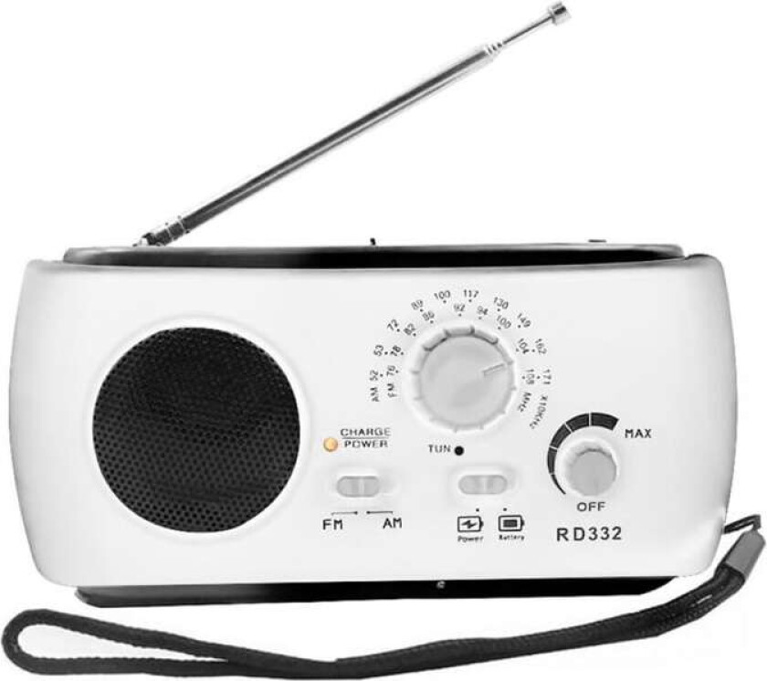 Vevradio / Nödradio med LED-lampa - FM-radio, USB, Solcell, Dynamo, Vit