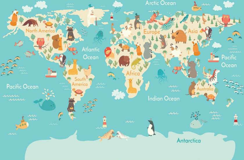 Barneteppe - World Map (blå/multi) (Størrelse: 120 x 170 cm)