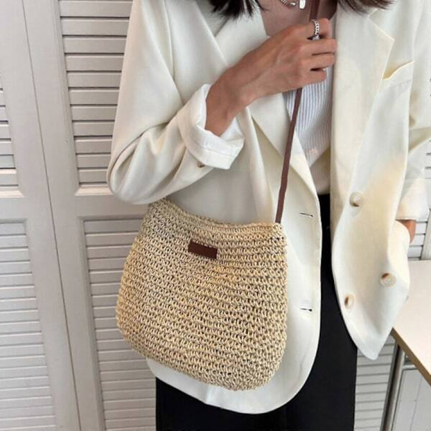 Skulderveske i strå for kvinner, sommer crossbody-veske i strå for kvinner, strandferie, stilig avslappet hekleveske med glidelås