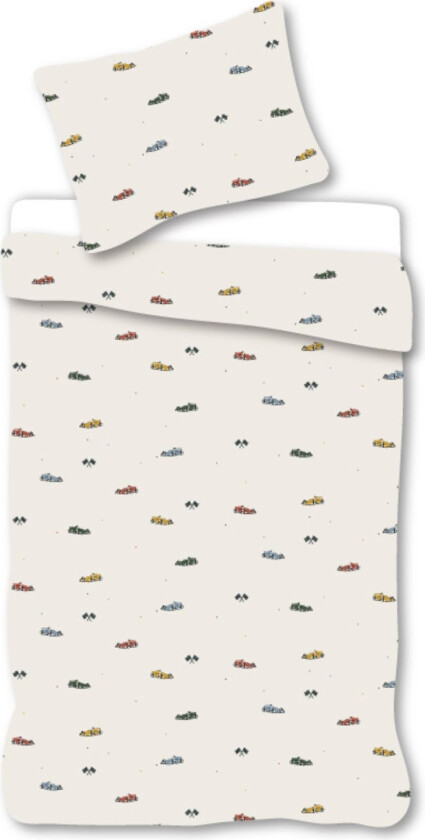 Baby sengetøy 70x100 cm - Beige sengesett med racerbiler - 100% mykt bomulls sengetøy