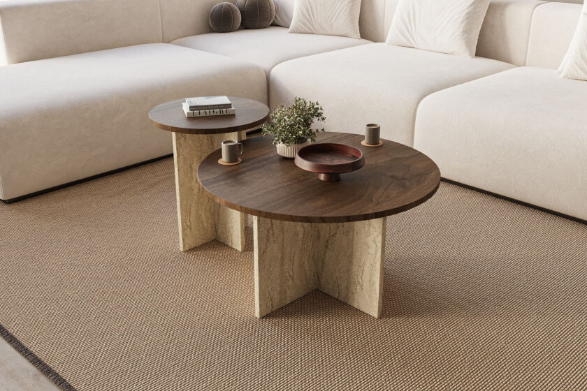 Lorricus sofabord 70 cm rundt - Valnøtt og Travertin