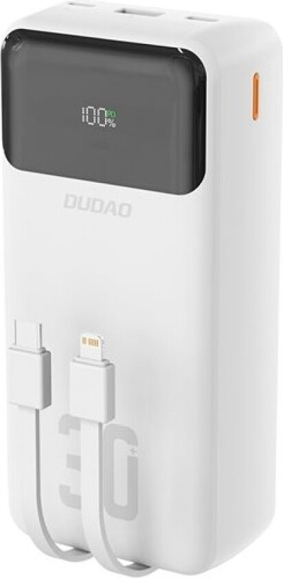 K15Max 30000mAh PD 22,5W Powerbank med USB-C og Lightning-kabler - Hvit