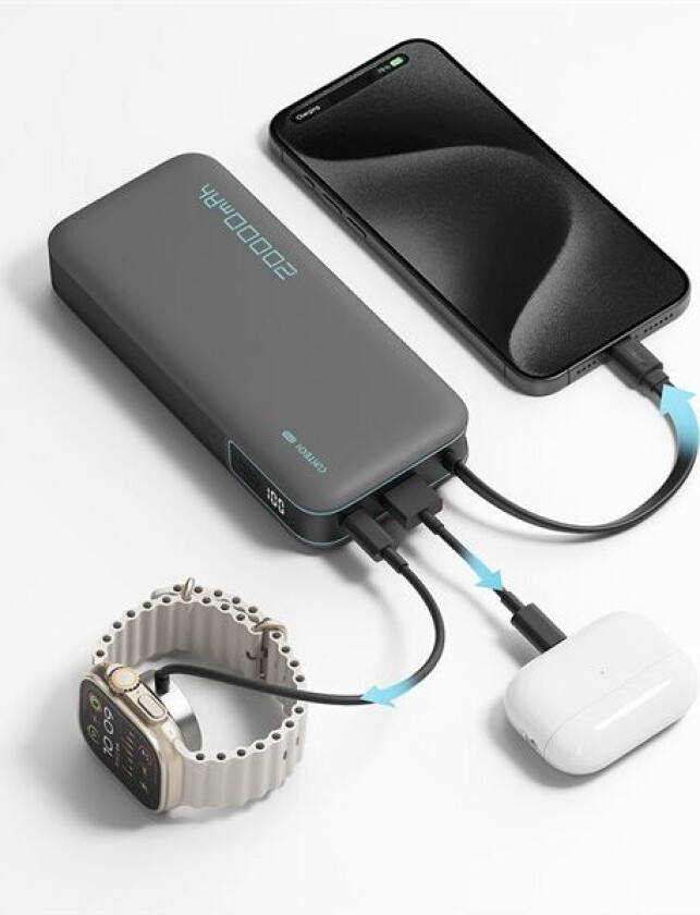 CUKP200NGLLG 55W 20000mAh powerbank med innebygd USB-C-kabel - hvit