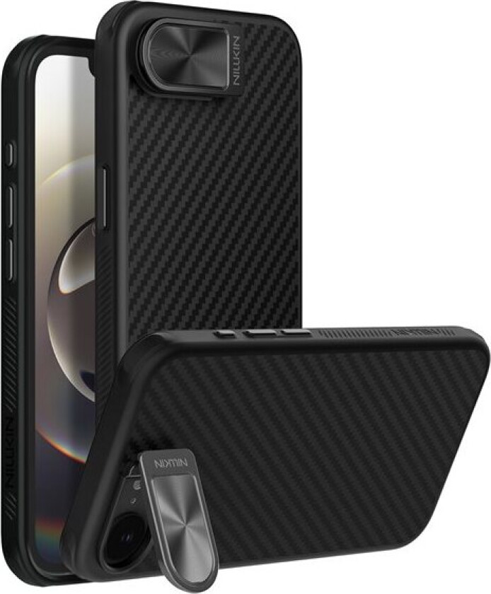 CarboProp magnetisk etui med kameradeksel og stativ for iPhone 16e / 17e - Svart