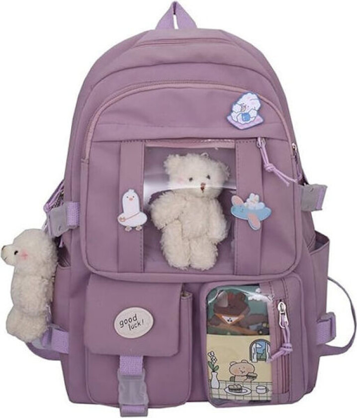 Ny Kawaii Skolesekk for Jenter Søt Estetisk Ryggsekk Skolesekk med Nål og Tilbehør Lilla