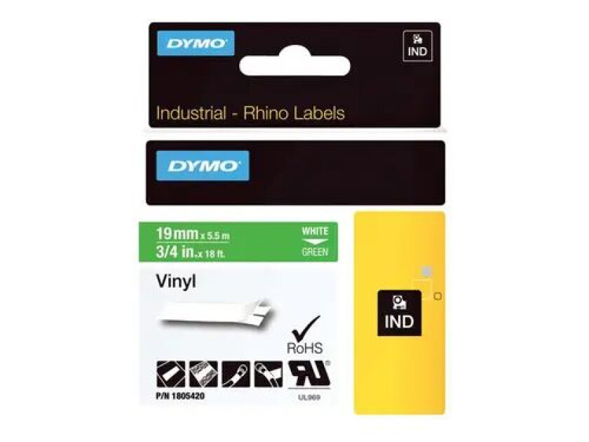 Dymo Tape Rhinopro Permanent Vinyl 19mm Hvit/grønn