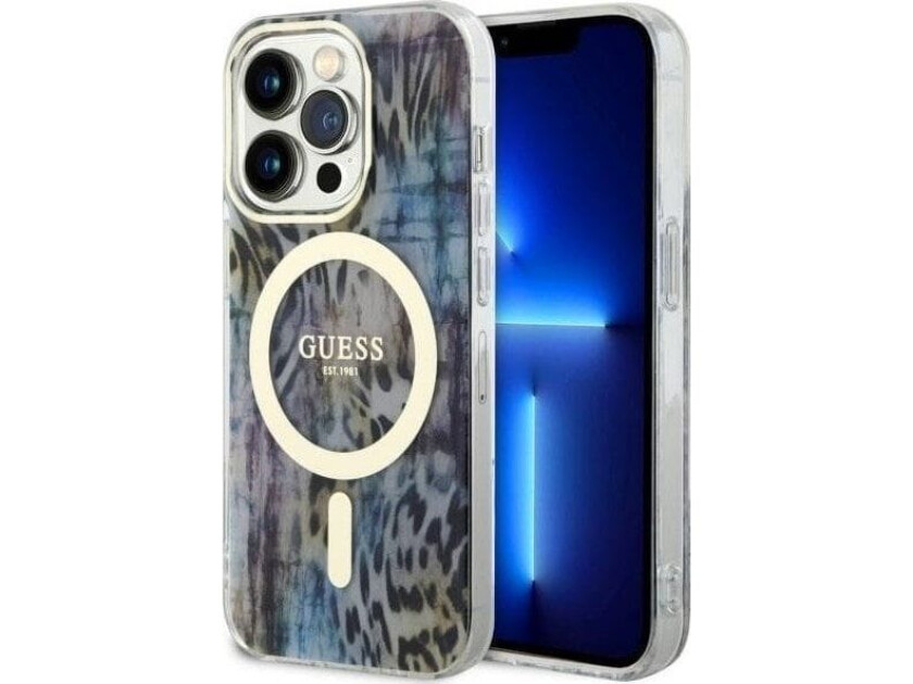 Guess case for iPhone 14 Pro Max 6,7" GUHMP14XHLEOPWB blue hard case Leopard MagSafe