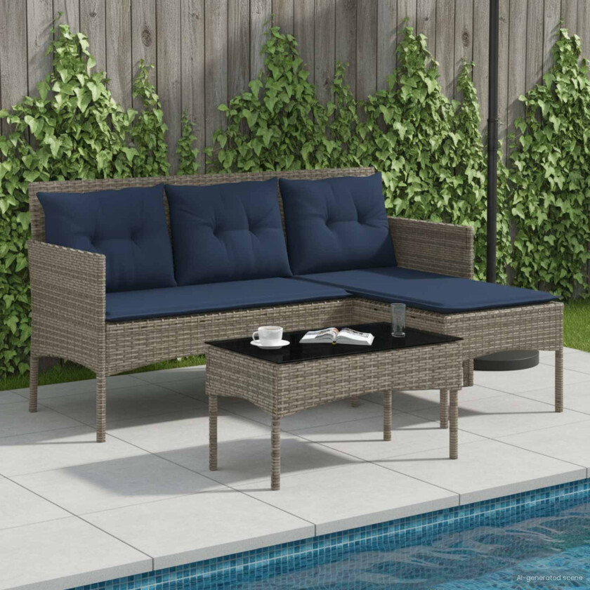 Hagesofa Set med pute 2 pcs Grå og marineblå polyrotting