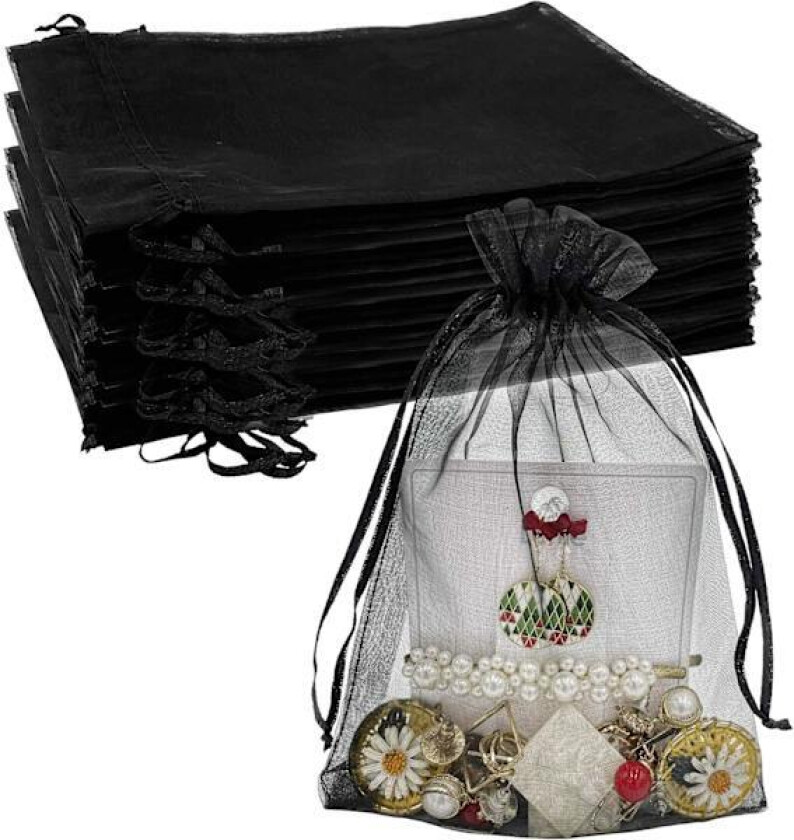 Bilde av 100 stk. ren organzapose 12,7 x 17,8 cm svart nettingpose gavepose med snøring liten for smykker godteri bryllupsfest favorittpose (svart)