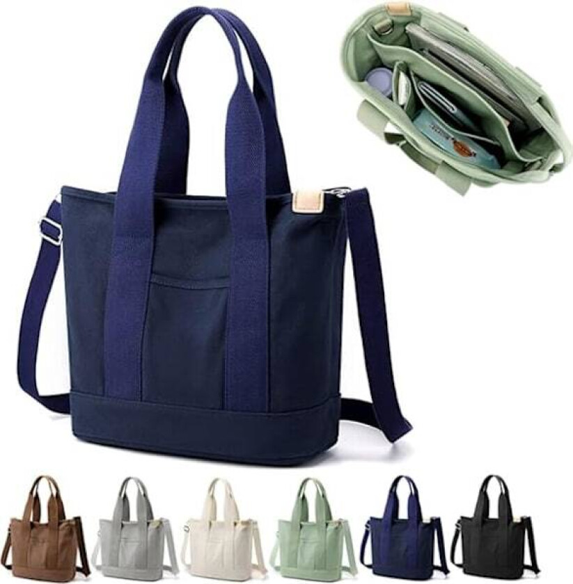 Hot Multi-Pocket Tote Bag med glidelås, Håndlaget Canvas Håndveske med Rom, Multifunksjonell Veske for Kvinner