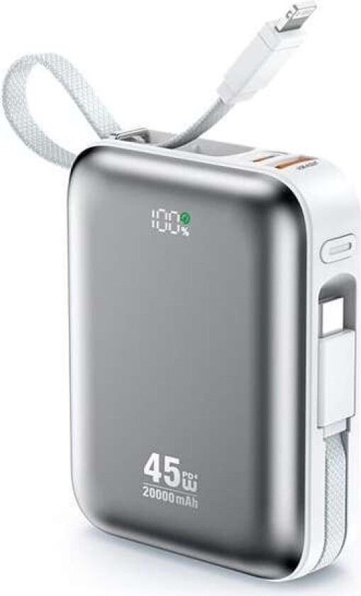 BWOO 20000mAh Powerbank med innebygd USB-C + belysningskabel - Sølv