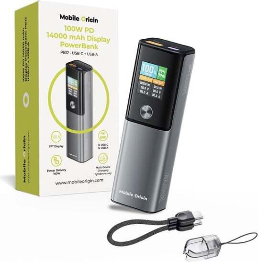 100W PD 14000mAh Display PowerBank PB12 - USB-C + USB-A Nødlader - Grey - 14000 mAh