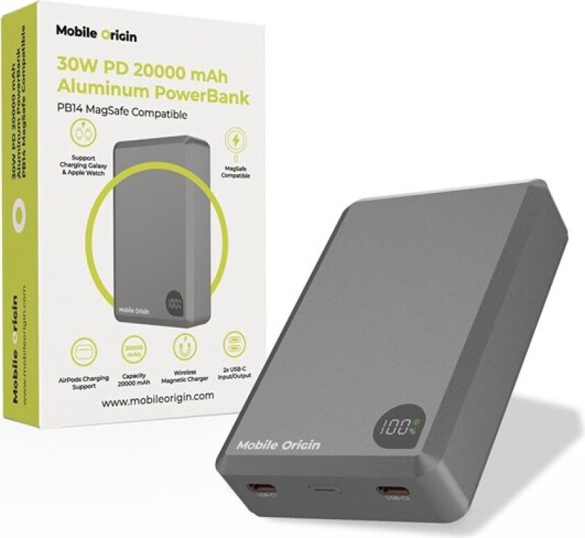 30W PD 20000mAh Aluminum PowerBank PB14 MagSafe Compatible Nødlader - Grey - 20000 mAh