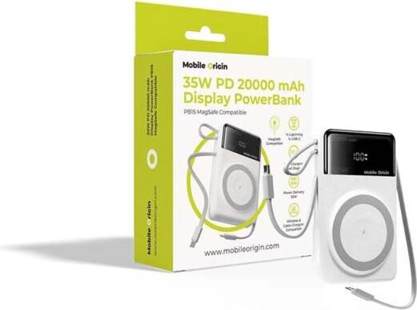 35W PD 20000mAh Display PowerBank PB15 MagSafe Compatible Nødlader - Hvit - 20000 mAh