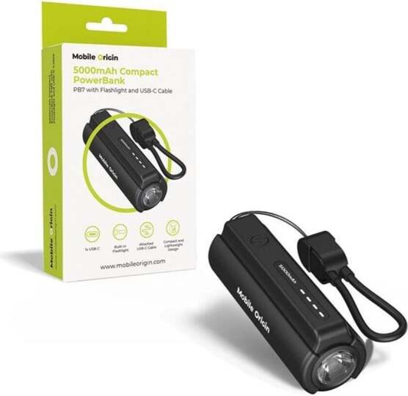 5000mAh Compact PowerBank PB7 with Flashlight and USB-C Cable Nødlader - Svart - 5000 mAh