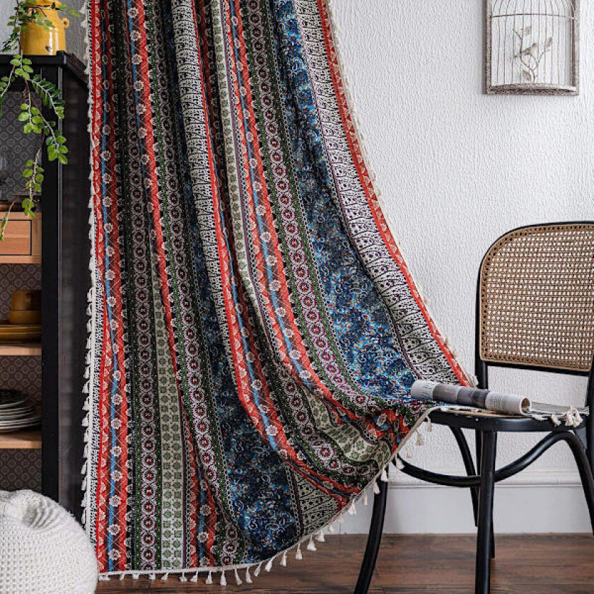 Boho semi-blackout gardiner, fargerike striper med dusker som dekorativ vindusdekorasjon, 149 x 199 cm, rød-blå