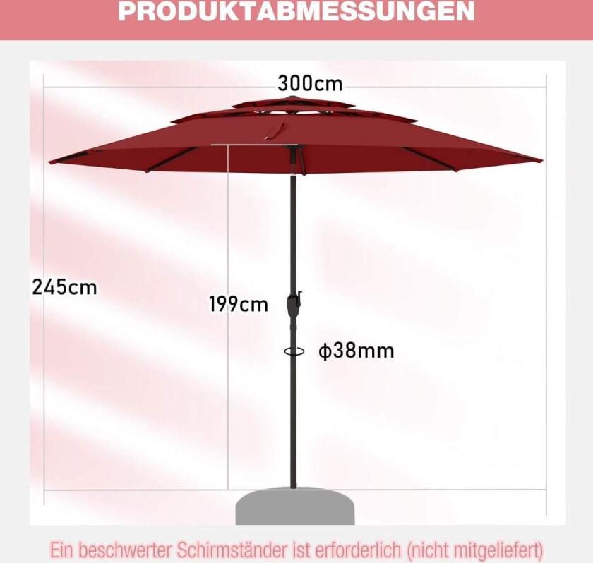 Vindtett parasoll, 300 cm, vippbar og sveivbar, vinrød