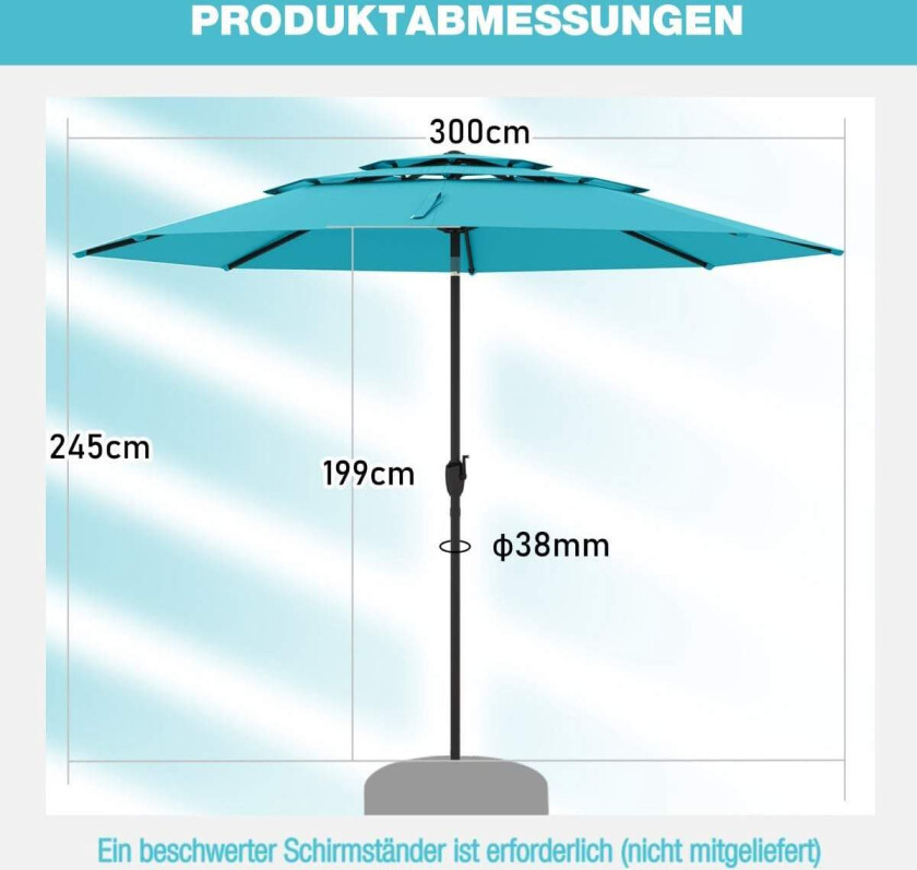 Vindbestandig parasoll, 300 cm, turkis