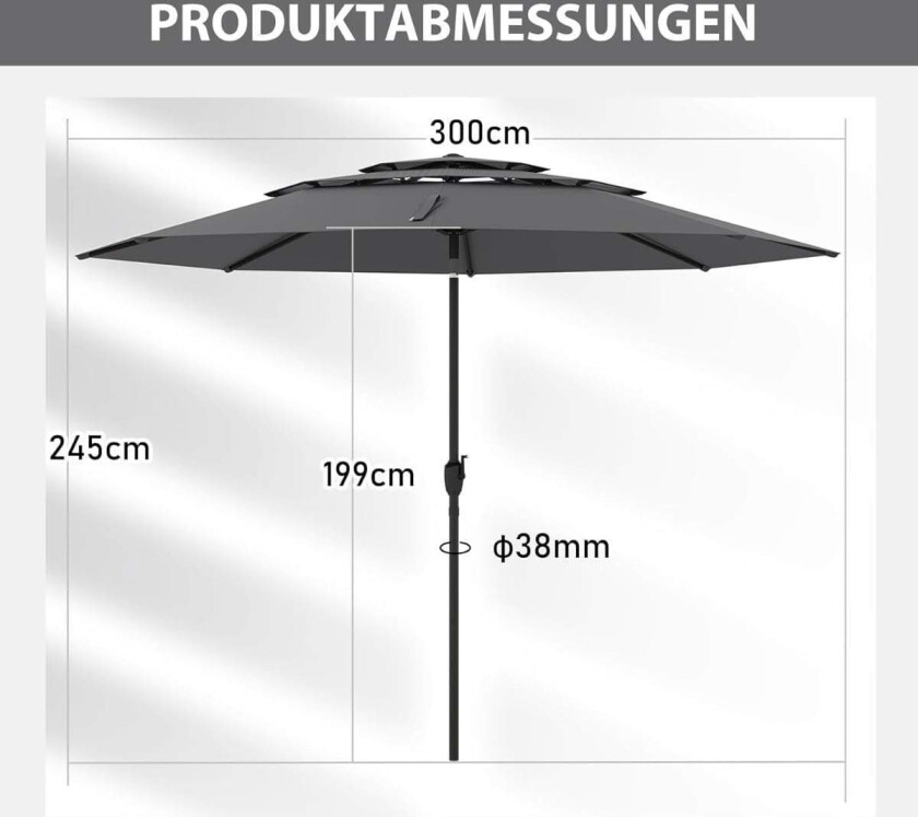 3-lags parasoll, vindtett, enkel tilting, 300 cm, grå
