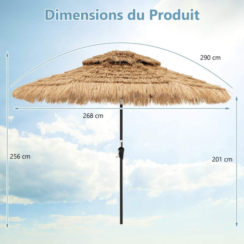 Parasoll i hawaiisk stil, solcelledrevet LED-skjerm, 270 cm