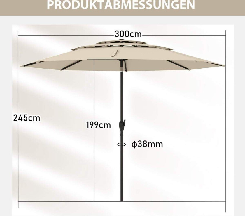 Vindtett parasoll, 300 cm, vippbar og sveivbar, beige