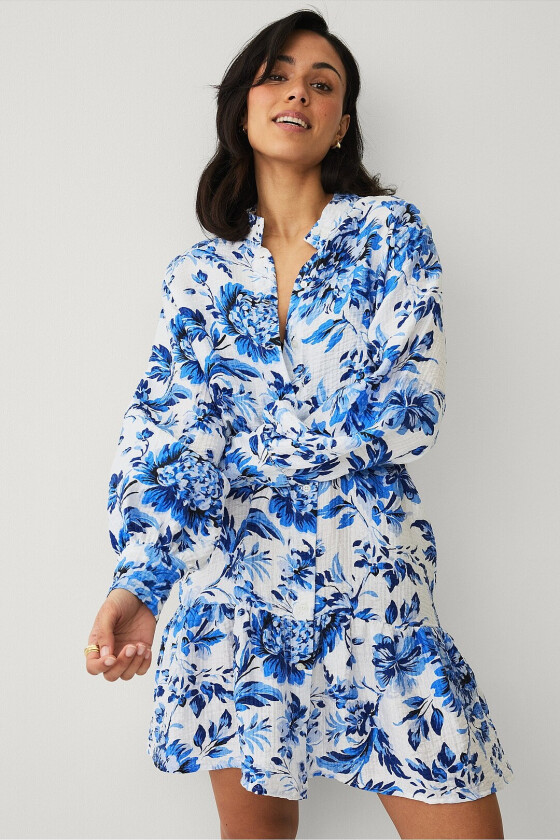 Skjortekjole med knytbart belte - Blå