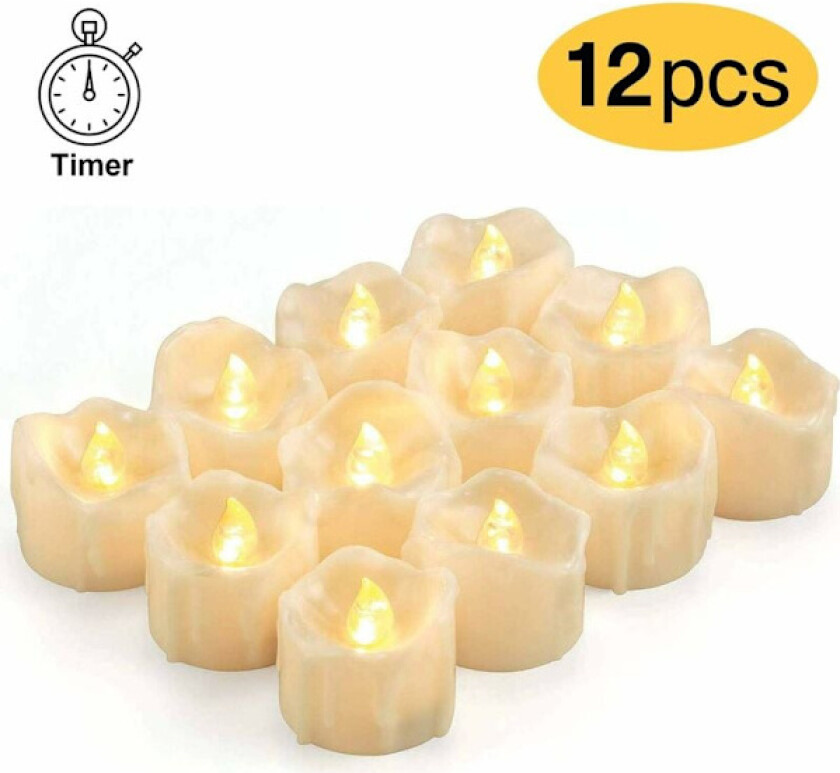 LED-lys med timer, 12 LED-telys, flammeløse lys, ekte voksflimrende elektriske lys med CR2032-batterier, automatisk timerfunksjon 6 timer