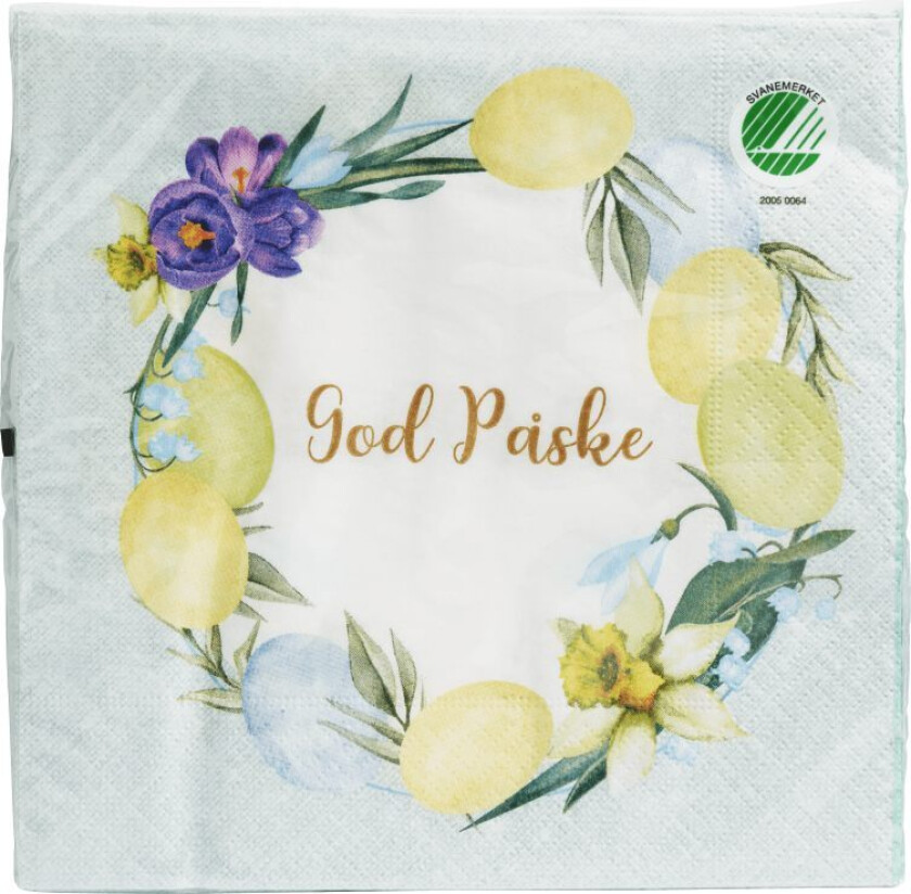 Serviett Påske Trelags lunsjserviett med design, 33x33cm, 20 stk. Svanemerket. Produktet er laget av FSC®-sertifisert materiale og andre kontrollerte kilder.