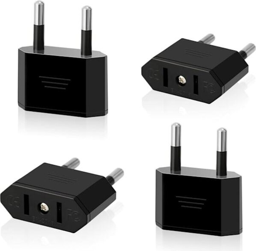 4-paknings reiseadapter US til EU, US-plugg til 2-pinners Euro/Tyskland-plugg A