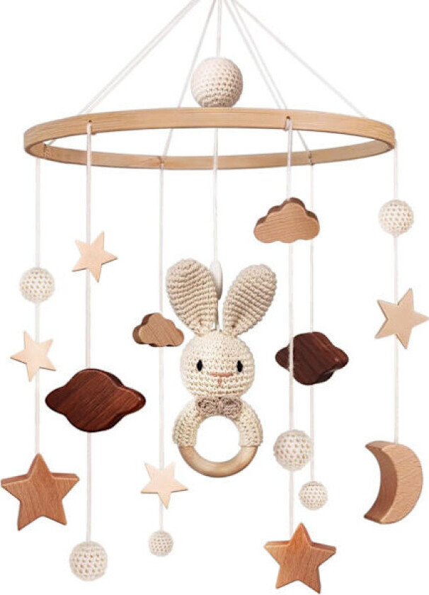 Baby uro i tre, babyklokke, vindklokke med skyer, stjerner, avtakbar heklet kanin, baby uro leke