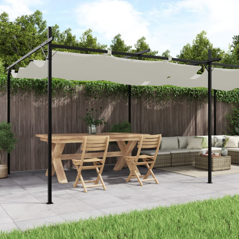 Pergola med uttrekkbar tak kremhvit 589x292x230 cm