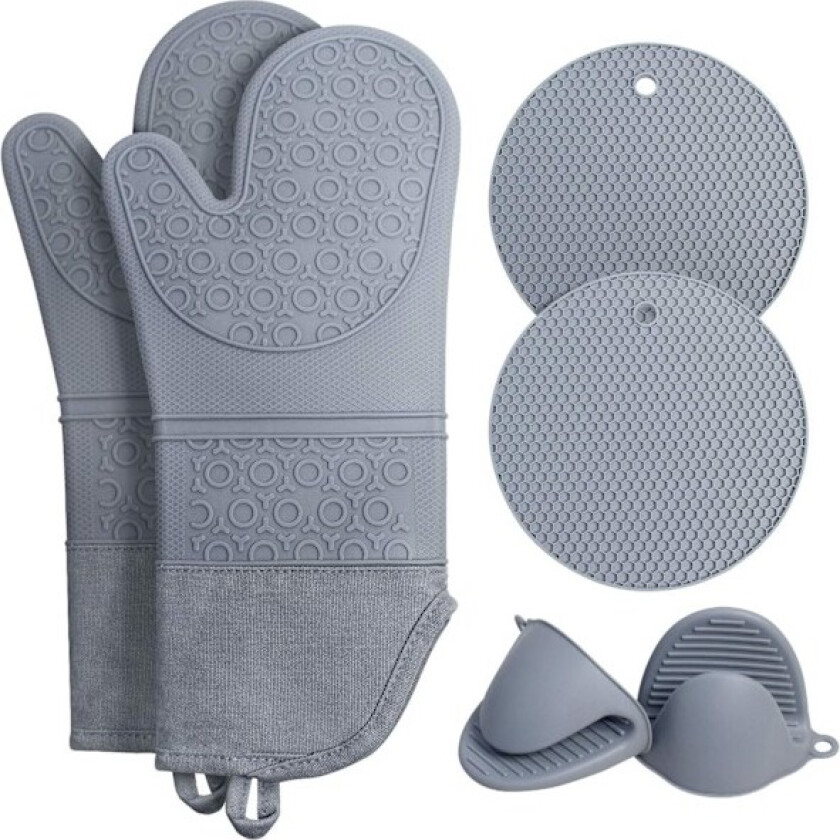 Ekstra Lange Grytekluter og Gryteunderlag Sett: Varmebestandige Silikon Grytehansker med Mini Grytehansker og Varme Pads Grytekluter, Grå, Pakke med 6