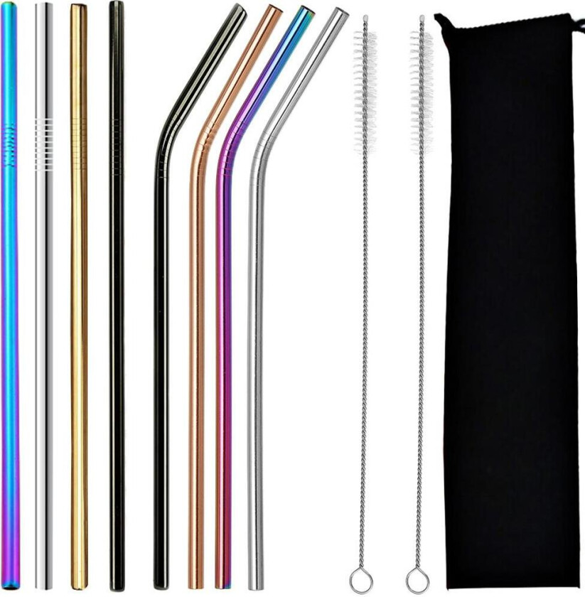 8 rustfrie sugerør i 4 forskjellige farger