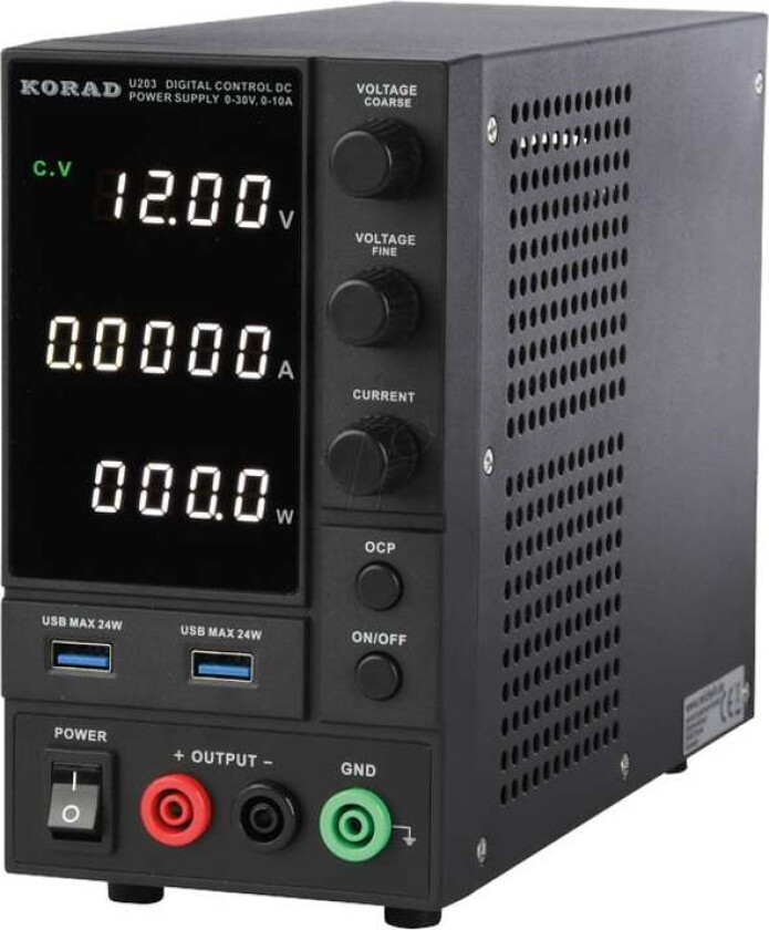 Korad U203 laboratoriestrømforsyning 0–30V 10A med USB-lading