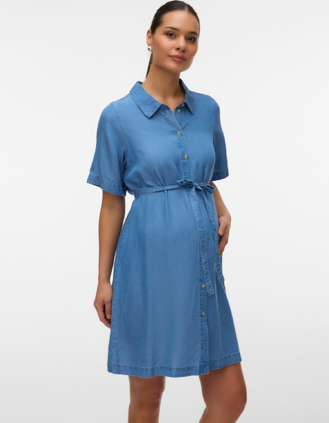 Bree Short Sleeve Short Tencel Shirt Dress - Denim - Dame - Mammaklær
