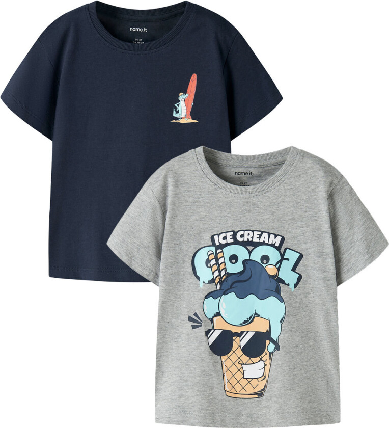 T-skjorte - 2-pack - NmmWagon - Grey Melange/Navy Blazer - - 4 år (104) - T-skjorte