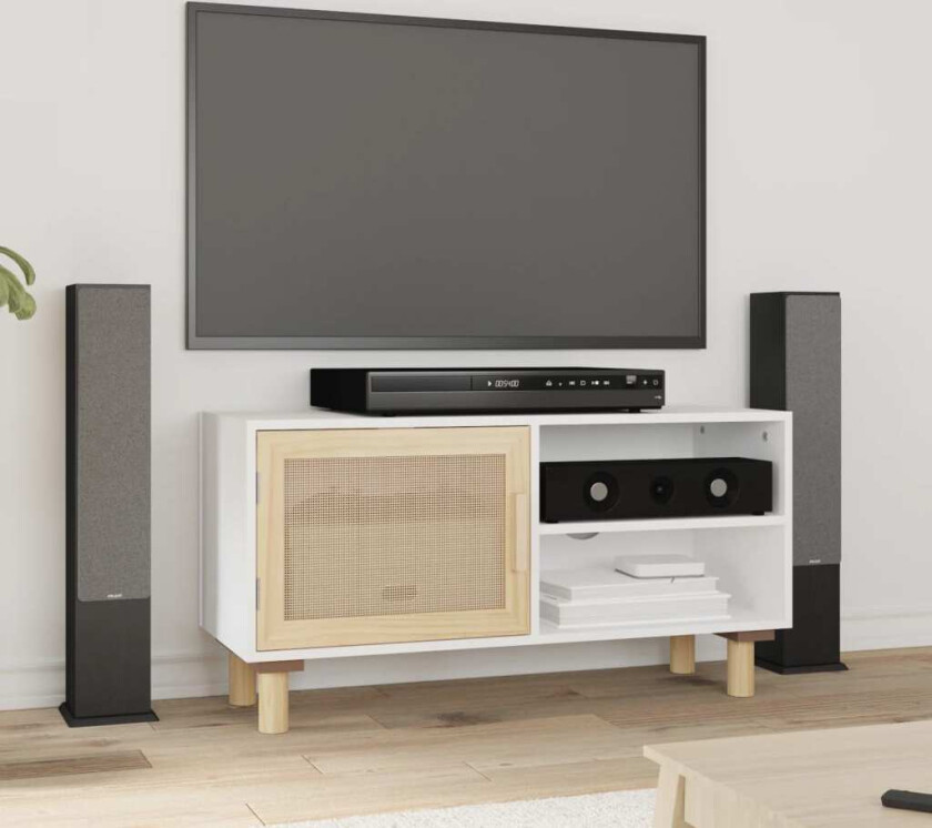 TV-benk hvit 80x30x40 cm heltre furu og naturrotting